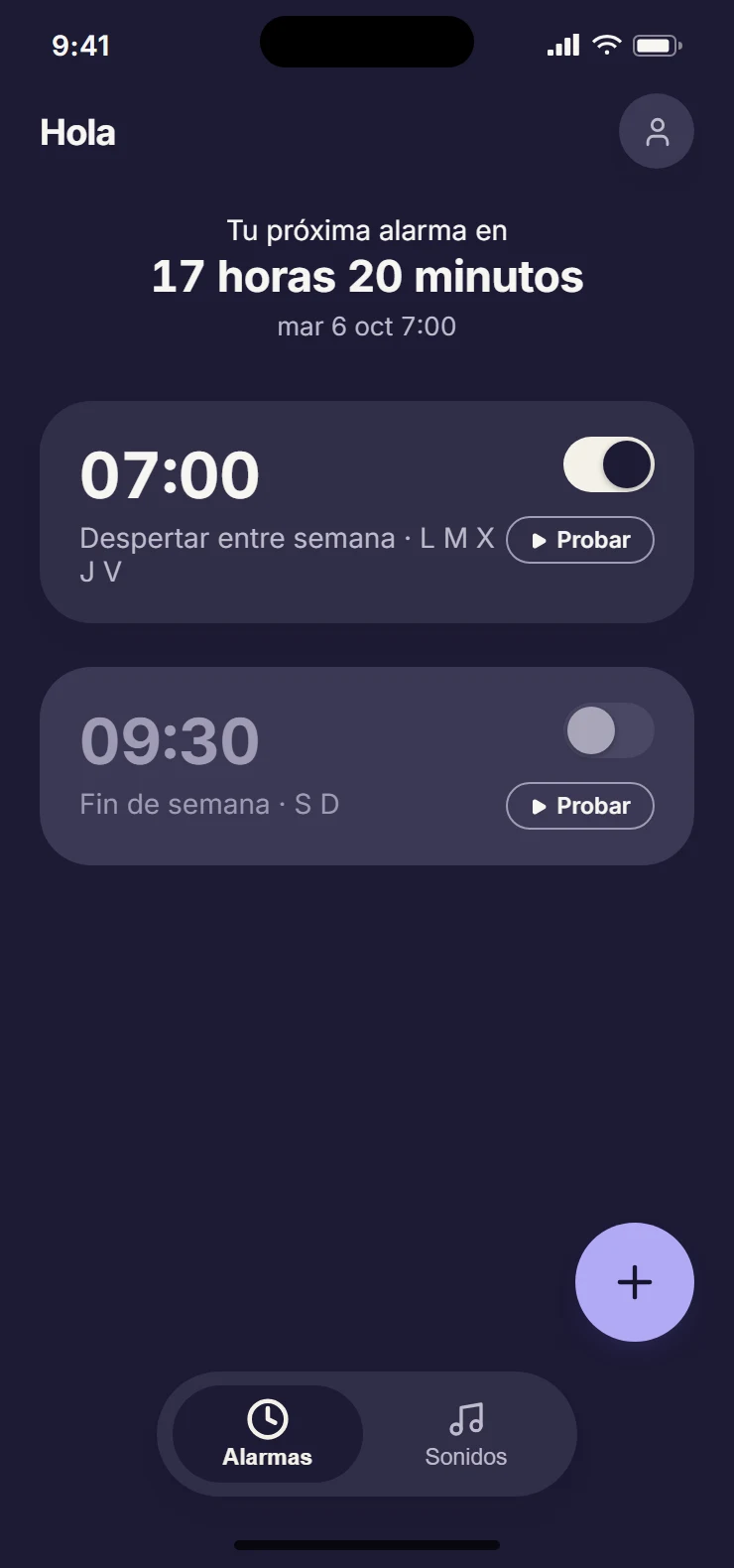 Alarm list in dark mode