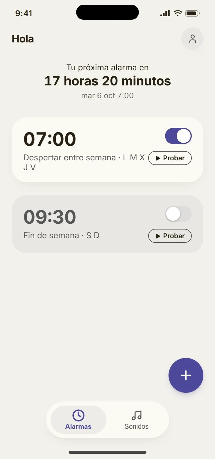 Alarm list with the countdown to the next alarm
