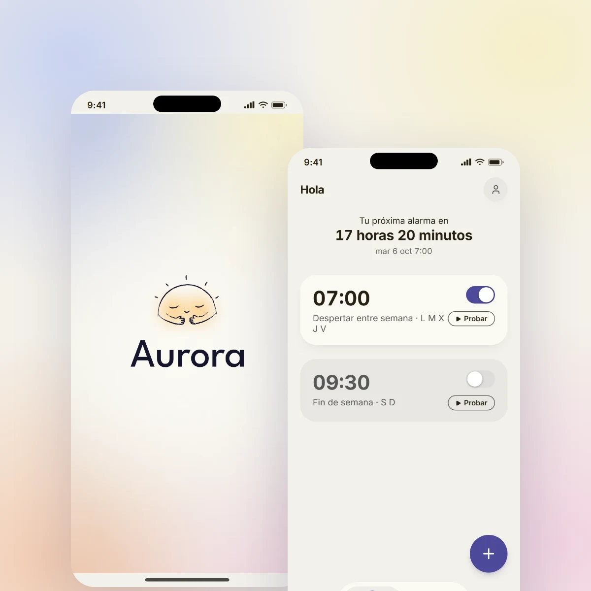 Two Aurora screens: the splash screen with the sun and the alarm list